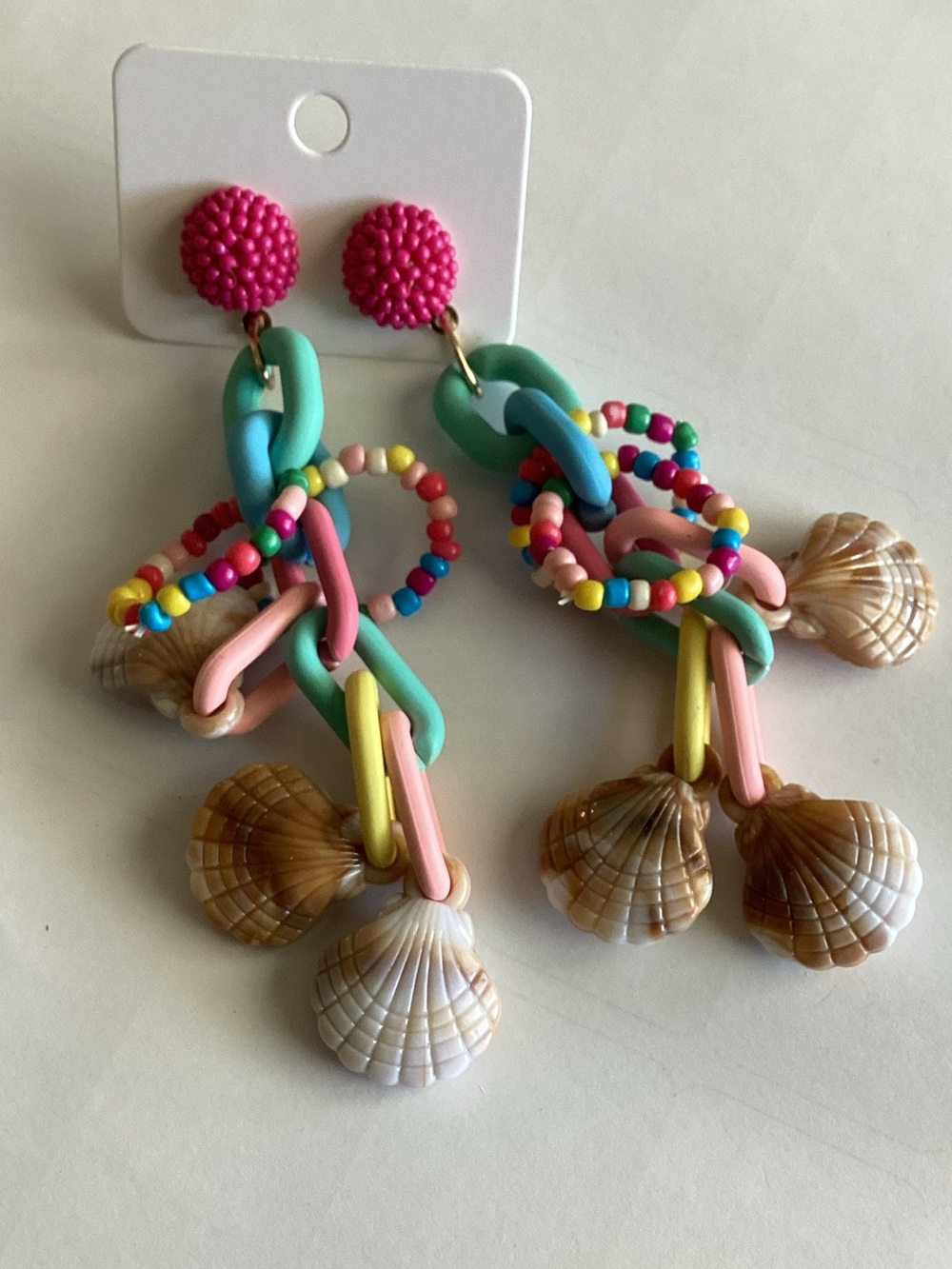 Colorful Beaded Shell Drop‎ Earrings - Pink, Teal, Yellow